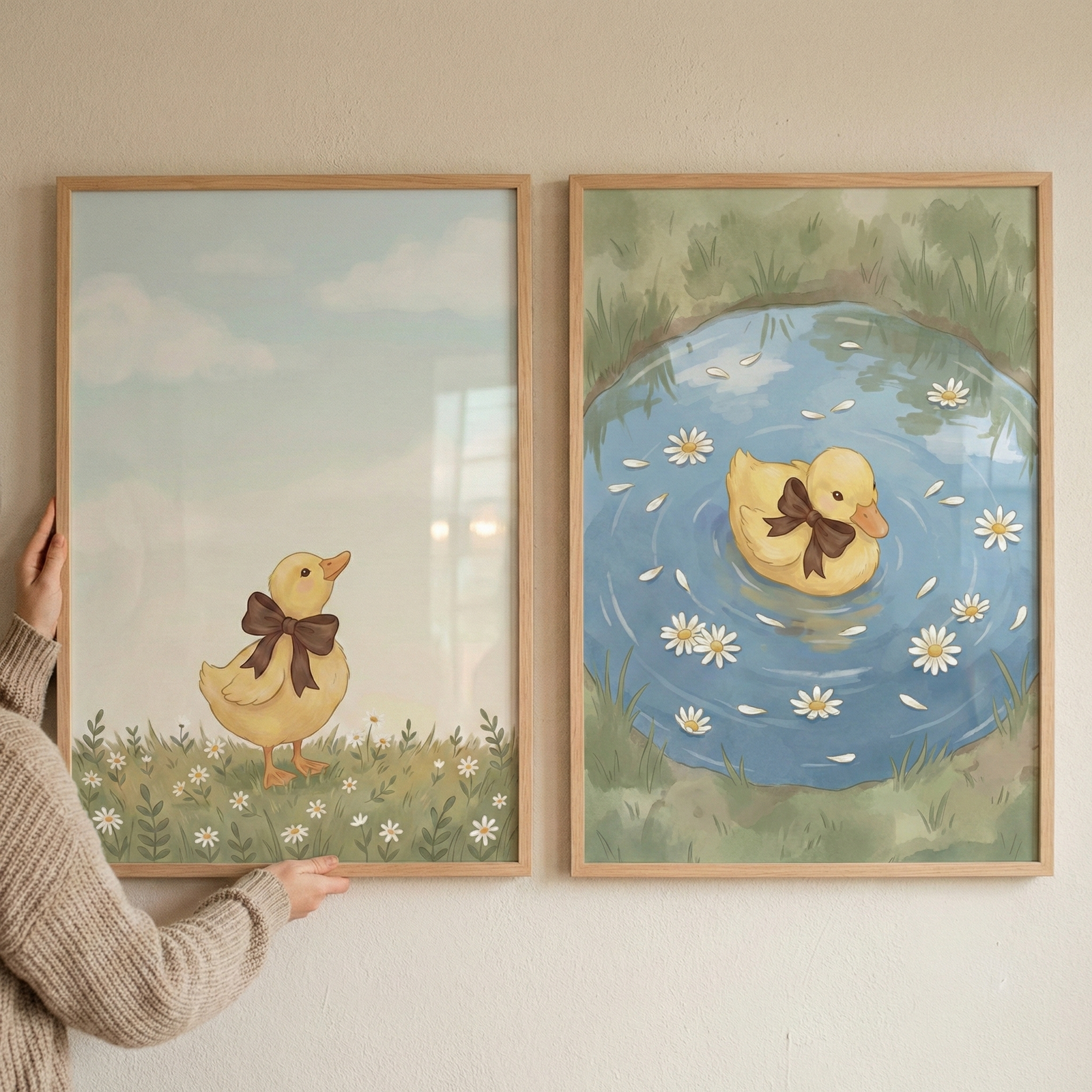 A person's hands hold two light-wood frames against a neutral-colored wall. Both frames contain soft, whimsical illustrations of a small yellow duckling wearing a large brown bow. In the left frame, the duckling stands in a grassy field dotted with tiny white flowers, looking up at a light blue sky with faint clouds. In the right frame, the same duckling floats in the center of a blue circular pond, with white daisy-like flowers drifting on the water's surface.