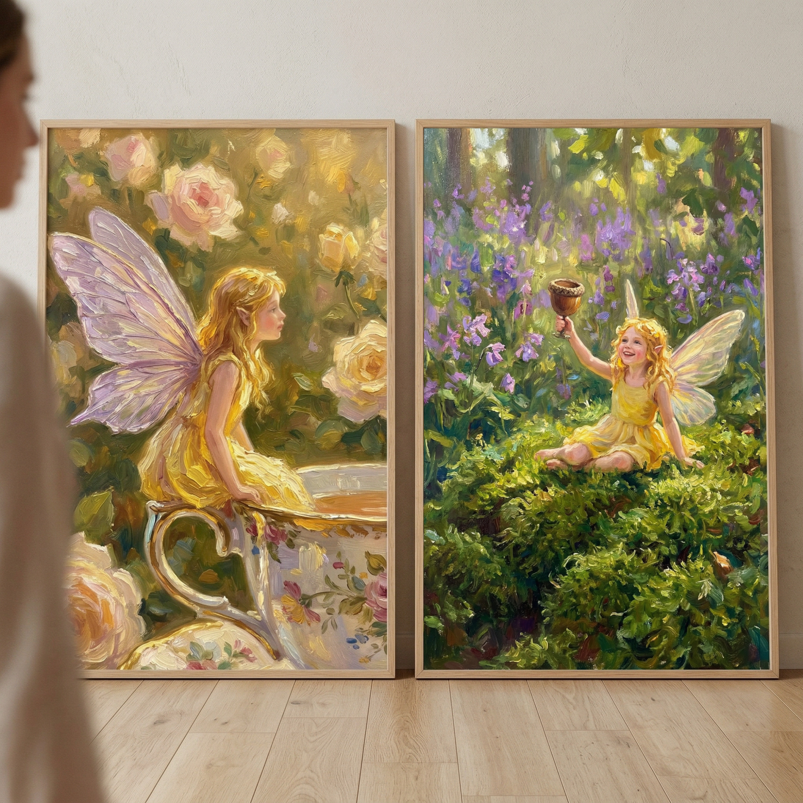Two framed vertical canvases lean against a plain, off-white wall, resting on a light-toned wood floor. The artwork depicted on each canvas captures scenes from a mystical garden in a textured, impressionistic style.
