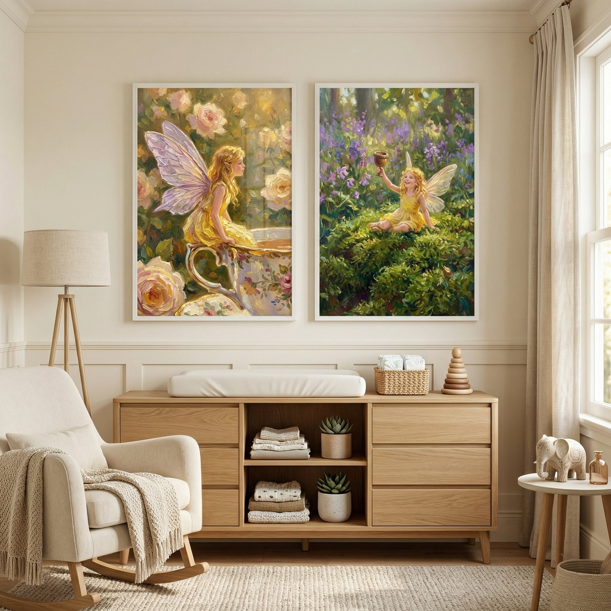 Yellow Floral Blonde Fairy Wall Art Set of 2 - Tiny Garden Fairies