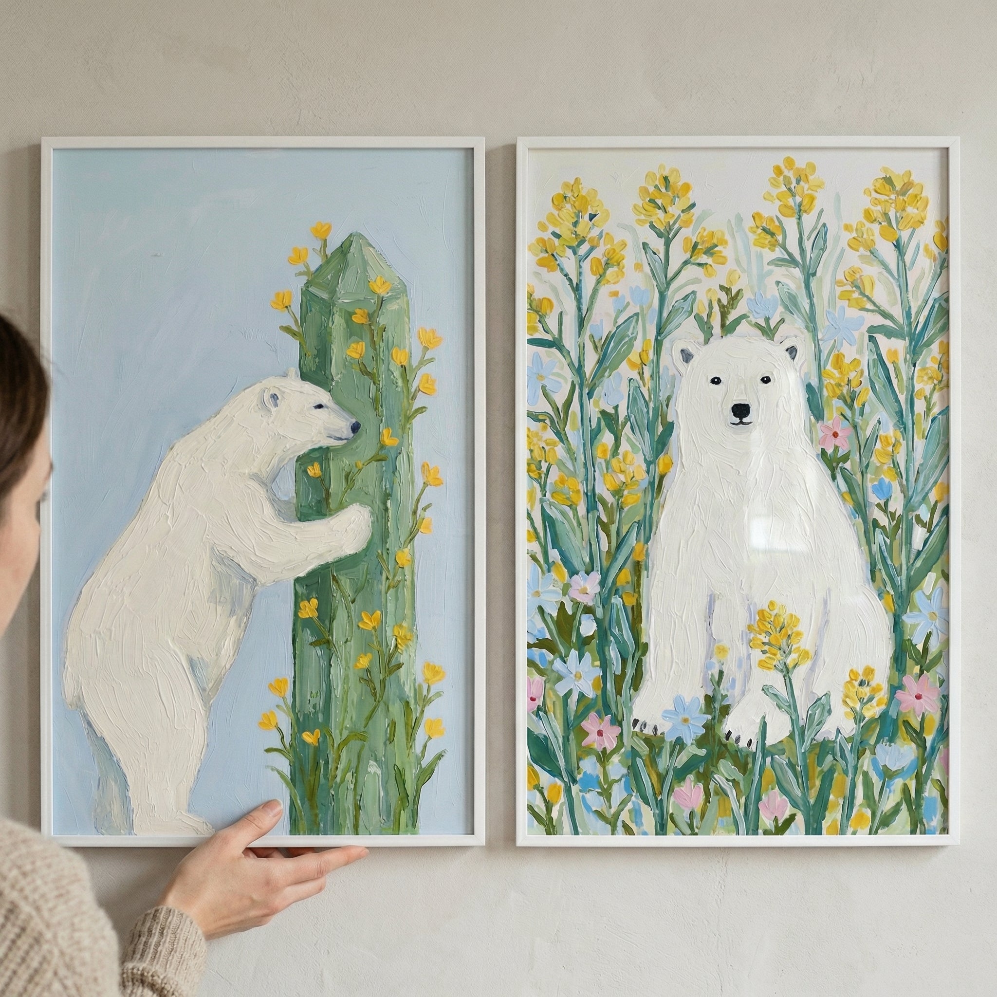 Yellow Floral Polar Bear Wall Art Set of 2 - Arctic Spring Blooms