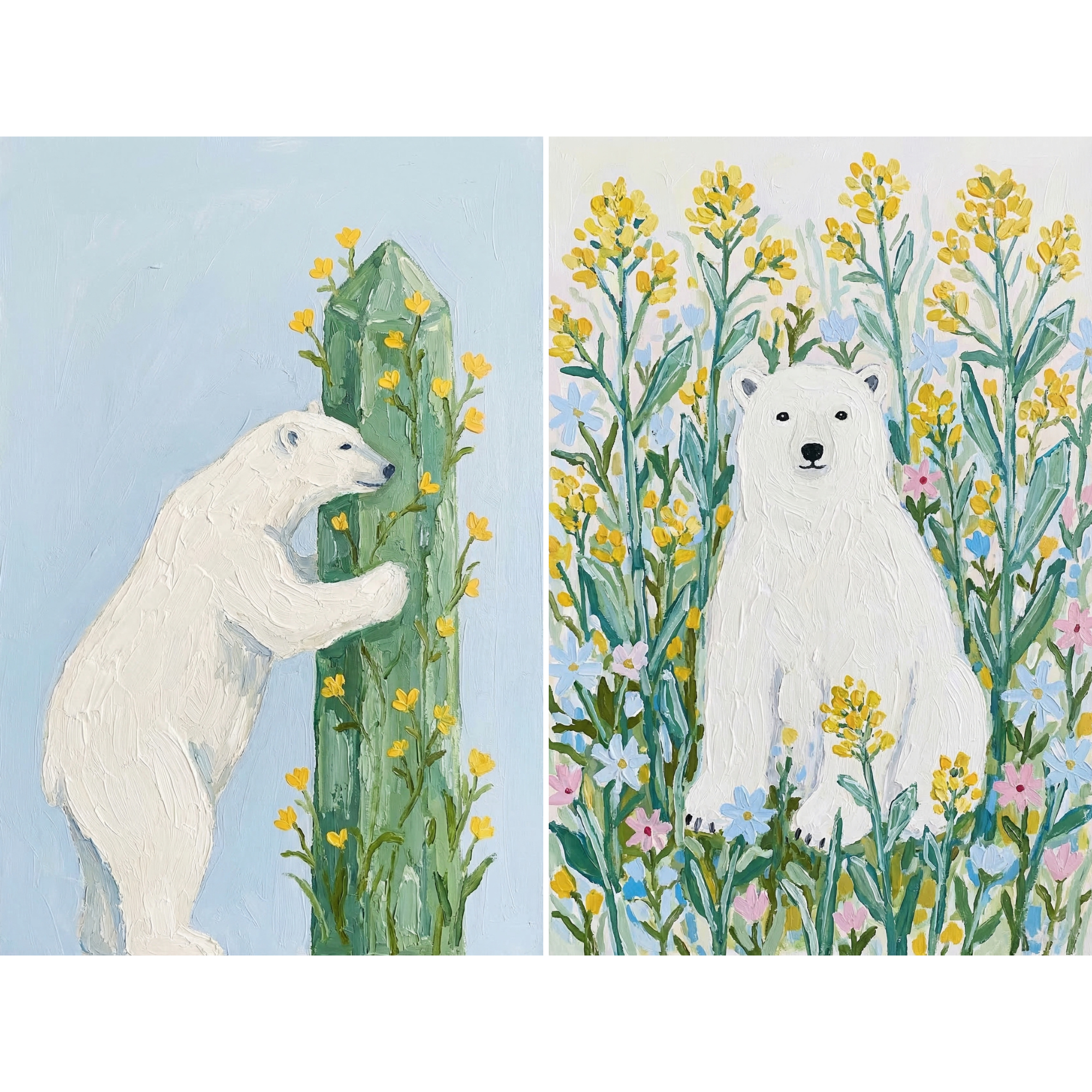 Yellow Floral Polar Bear Wall Art Set of 2 - Arctic Spring Blooms