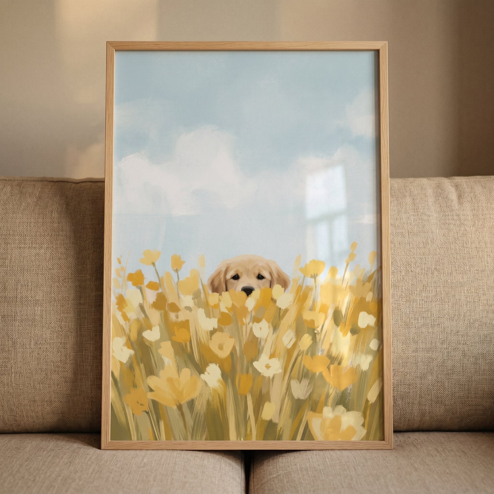 Yellow flower golden retriever wall art of a puppy peeking through blossoms, framed and resting on a neutral couch.