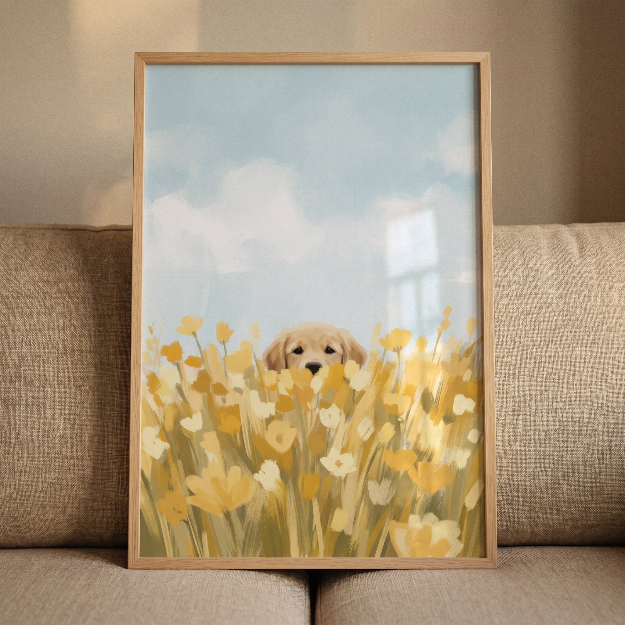 Yellow Flower Golden Retriever Wall Art - Golden Meadow Peek