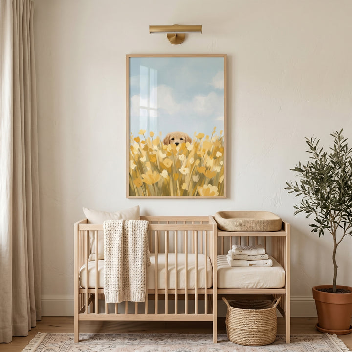 Yellow flower golden retriever wall art hangs above a light wood crib and changing table in a neutral nursery.