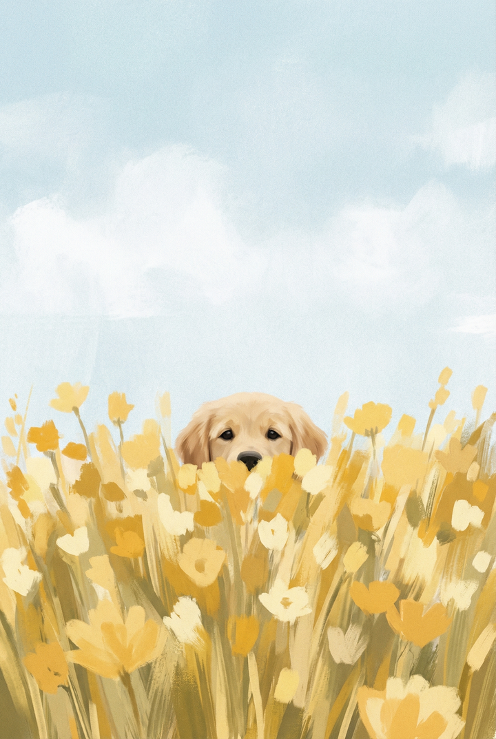 Golden retriever puppy peeking from a field of yellow flowers under a blue sky, yellow flower golden retriever wall art.
