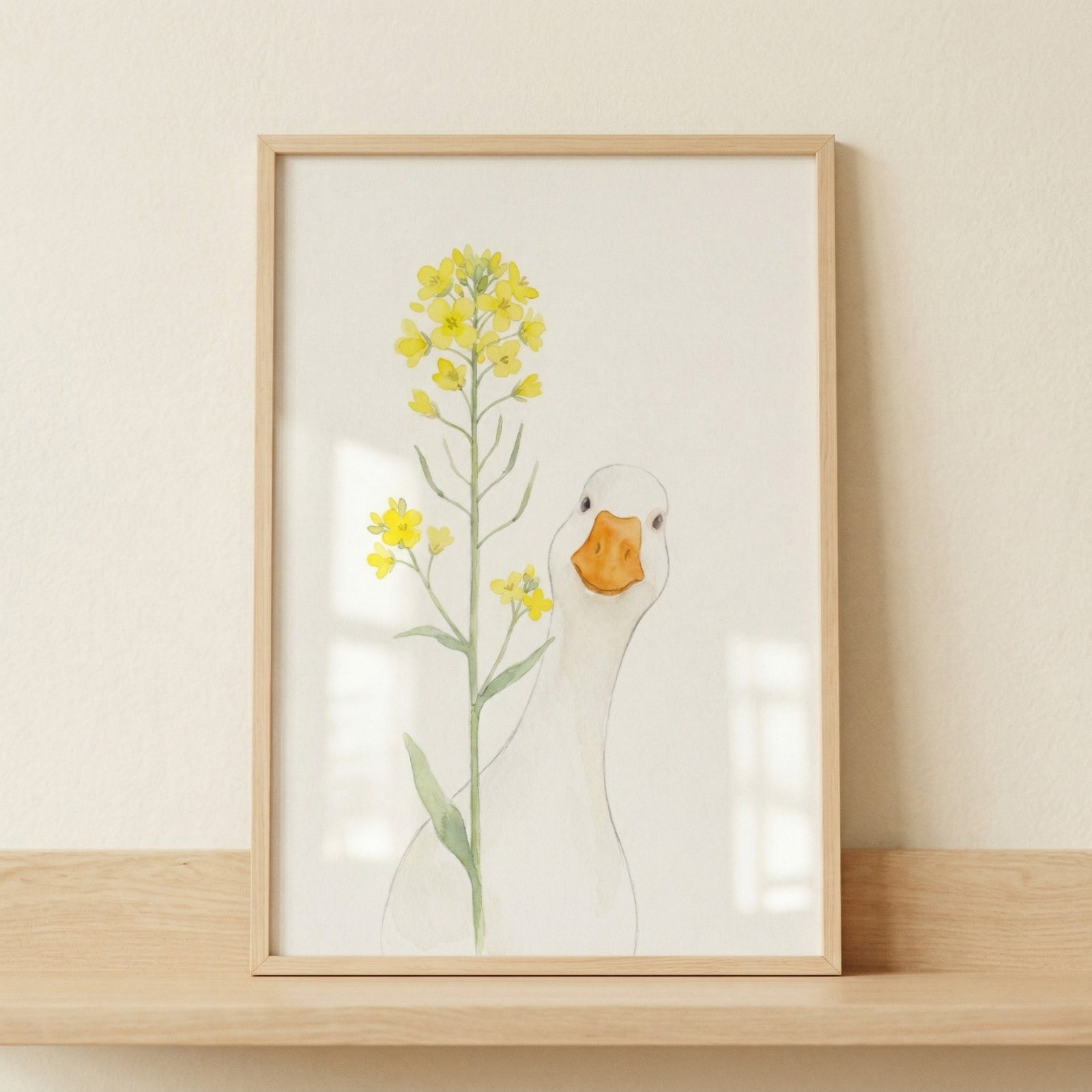 A framed watercolor illustration features a charming white bird peeking from behind a tall stalk of yellow wildflowers. The bird has a long, slender neck, an orange beak, and small black eyes, giving it a gentle and curious expression. The plant consists of a thin green stem with small green leaves and clusters of bright yellow blossoms. 
