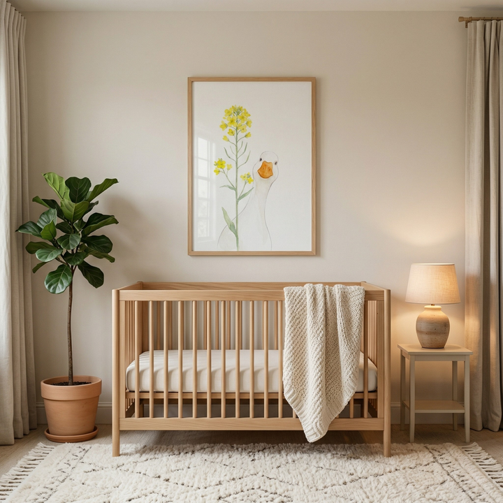 A peaceful nursery scene features a minimalist wooden crib at its center, set against a warm, neutral-toned wall. Above the crib is a large, light-wood framed artwork depicting a white waterfowl with a bright orange bill appearing from behind a tall green plant with small yellow flowers. The illustration is rendered in a soft, airy style. A chunky, cream-colored knit blanket hangs over the railing of the crib, which is fitted with a simple white mattress.