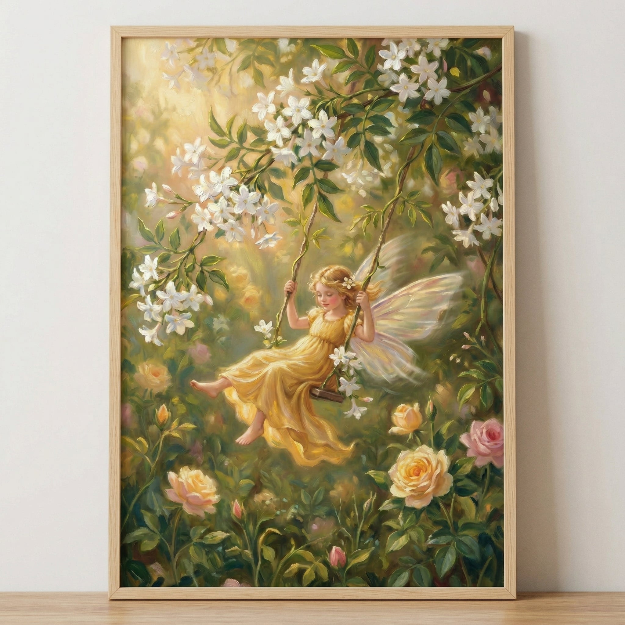 Yellow Gown Swinging Fairy Artwork - Golden Petal Dreams