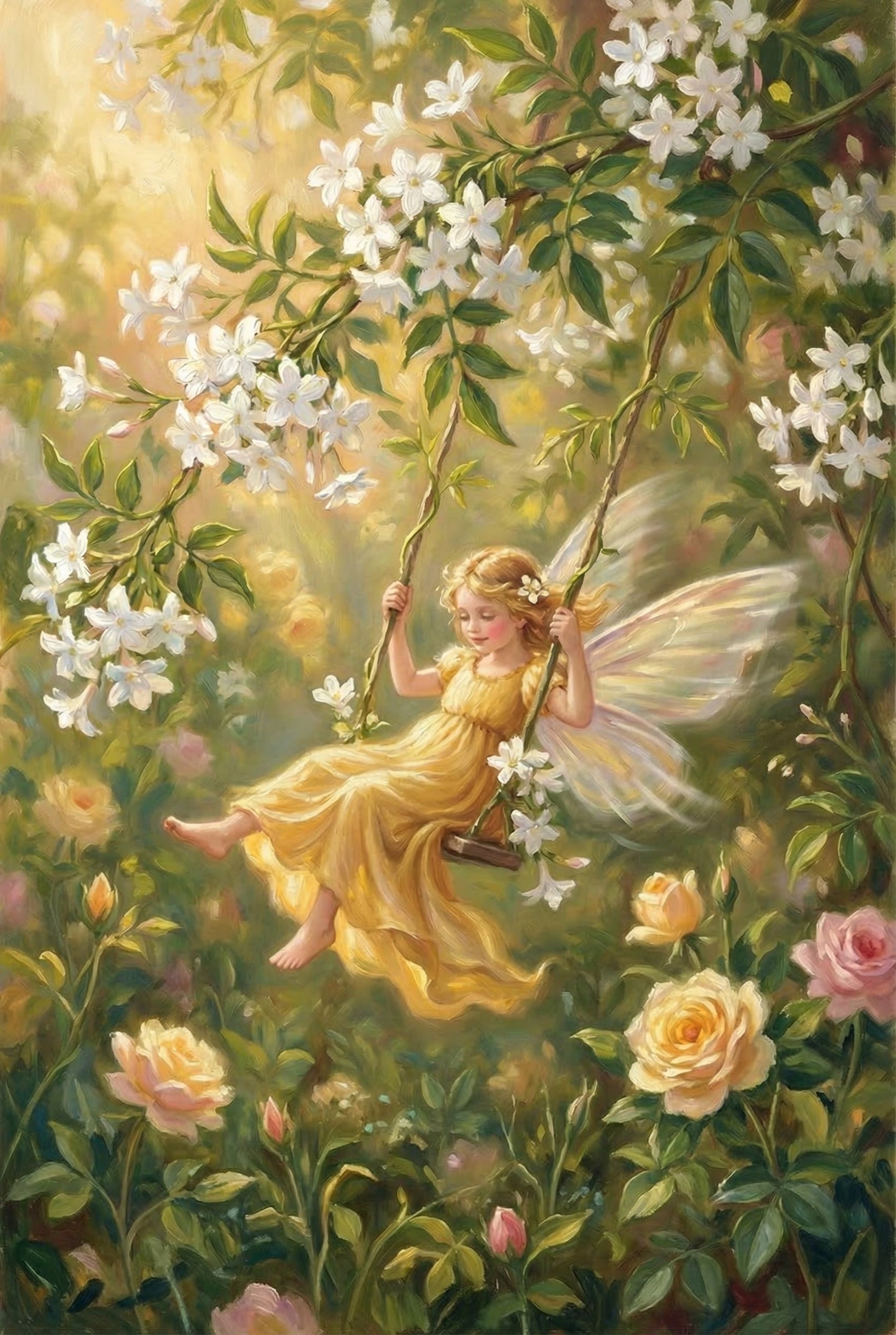 Yellow Gown Swinging Fairy Artwork - Golden Petal Dreams
