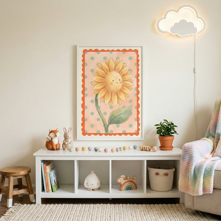 Yellow polka dot sunflower wall art hangs above a storage bench with toys and books, next to a glowing cloud light.