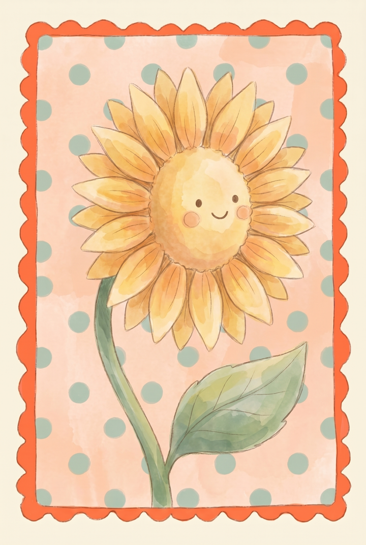 Yellow polka dot sunflower wall art with a smiling flower, green leaf, and pink dotted background with an orange border.