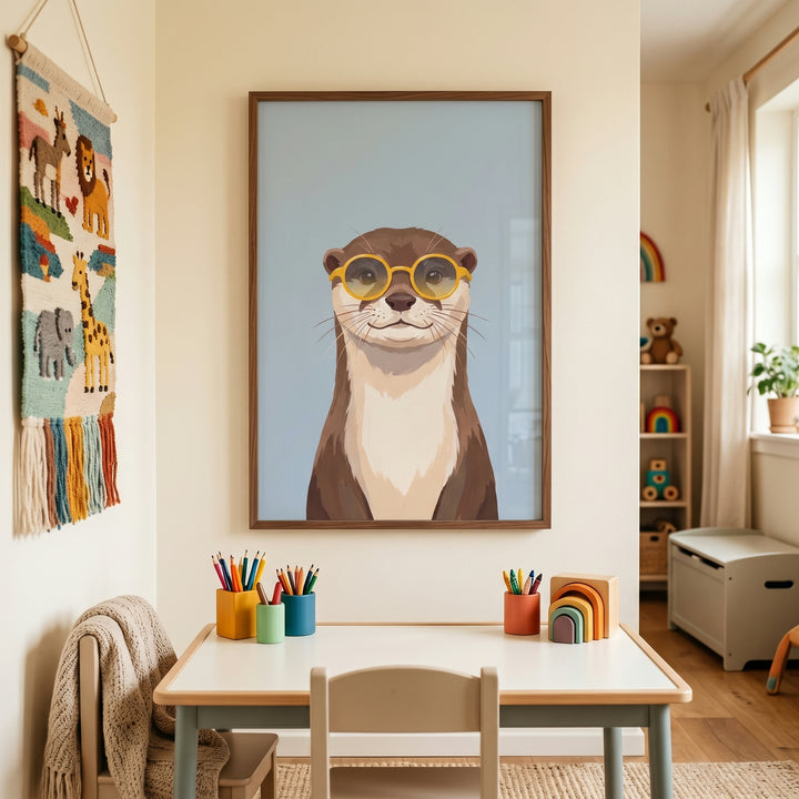 Framed yellow round glasses otter wall art in a playroom above a table with colored pencils and a wooden rainbow toy.