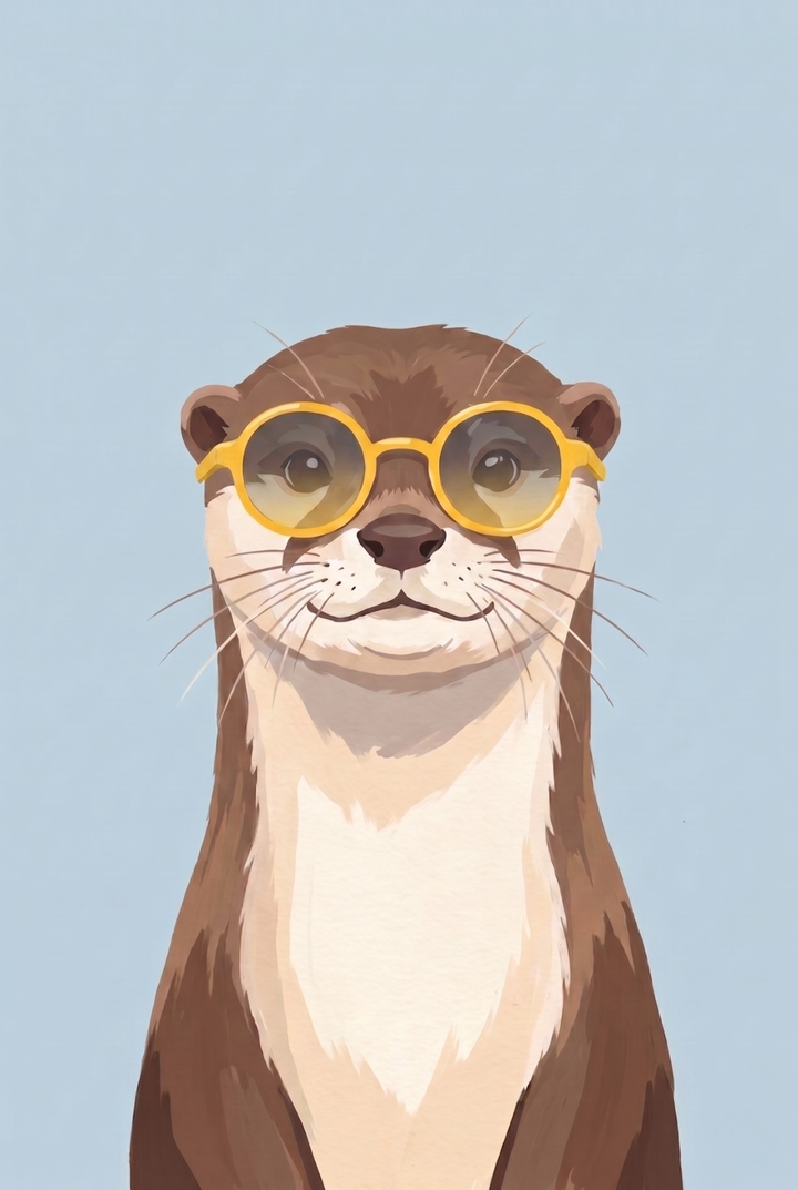 Yellow round glasses otter wall art featuring a friendly brown otter on a light blue background.