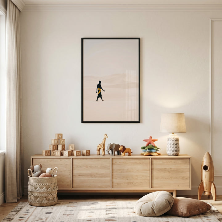 Yellow sash walking man wall art hangs above a wooden cabinet with animal toys, blocks, a lamp, and a wooden rocket.