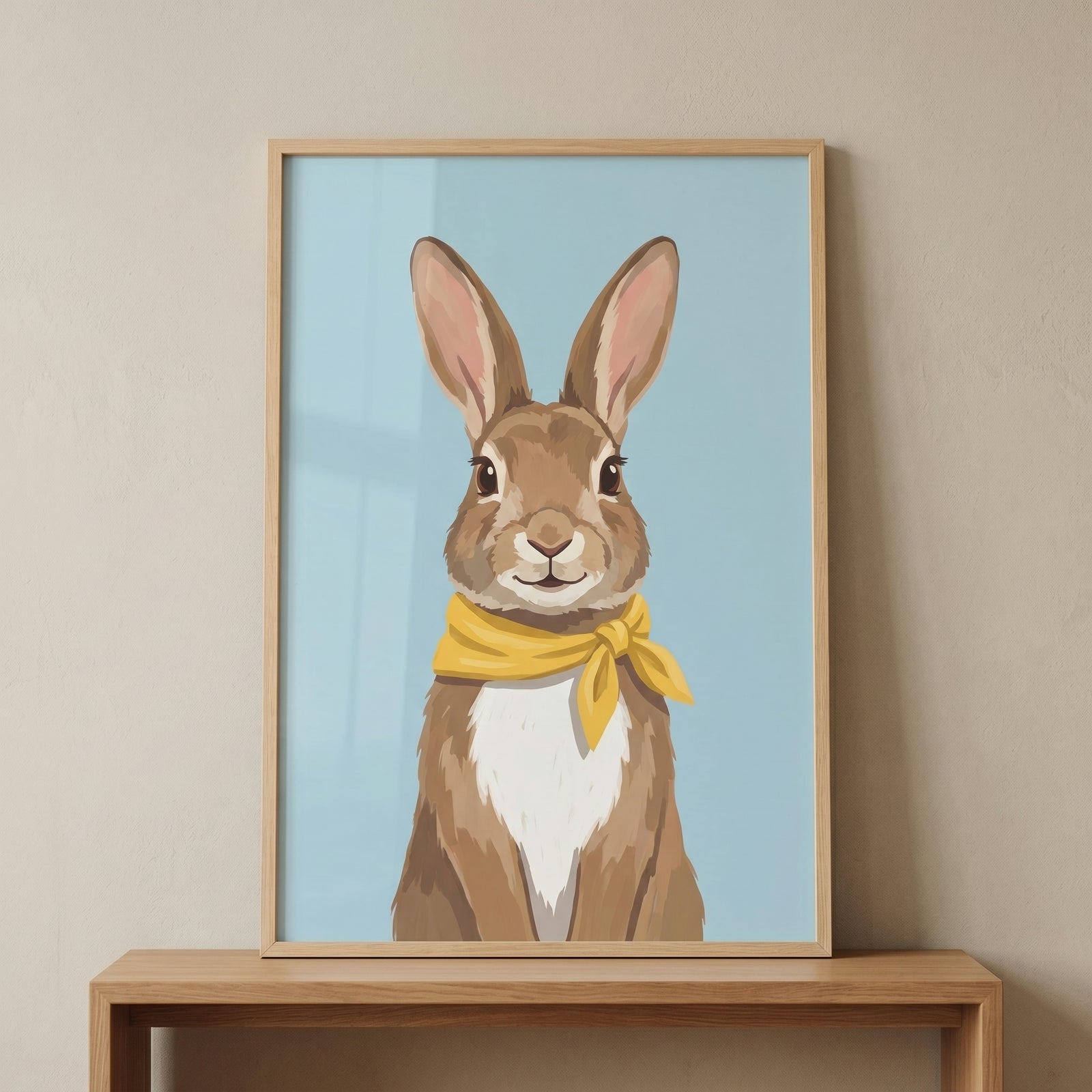 Framed yellow scarf brown rabbit wall art on a blue background, sitting on a light wood console.