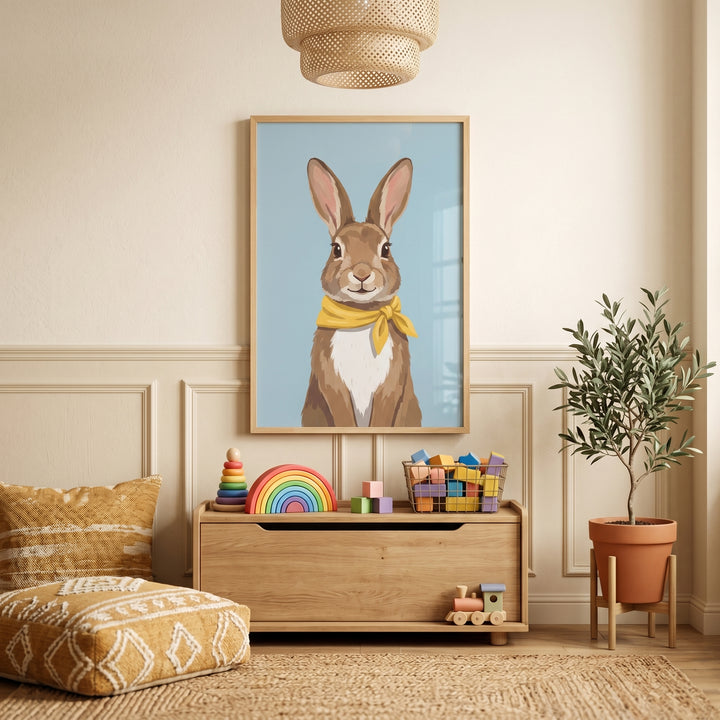 yellow scarf brown rabbit wall art hangs above a toy chest in a nursery with a potted plant and floor cushion.