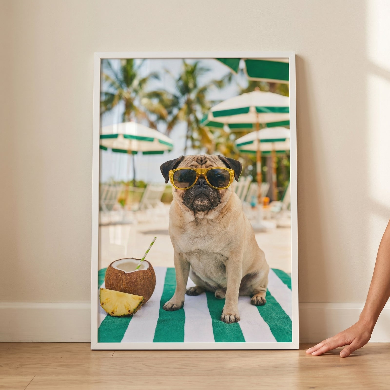 Framed yellow shades beach pug wall art features a pug in sunglasses on a towel with a coconut drink and pineapple.