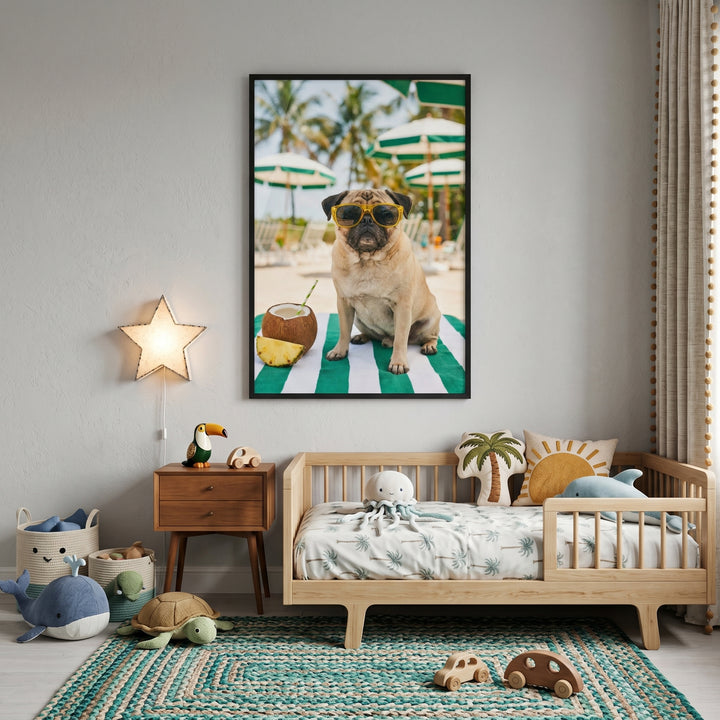 Tropical room with octopus and whale plushies, star lamp, and yellow shades beach pug wall art above a wooden toddler bed.