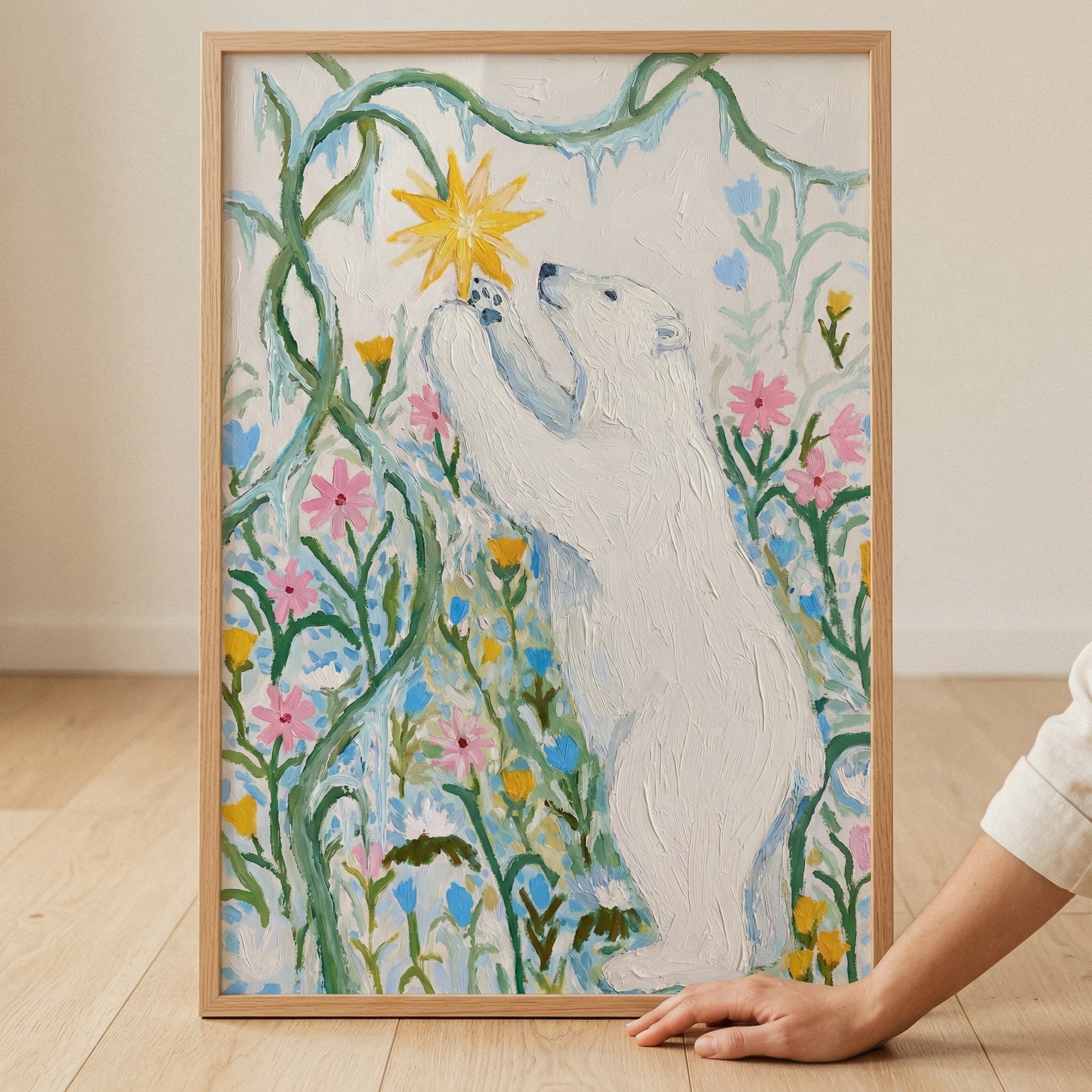 Yellow Star Polar Bear Wall Art - Bear In Bloom
