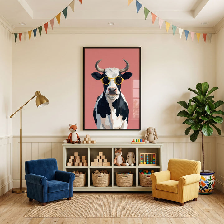 Yellow sunglasses funky cow wall art hangs above a toy shelf in a playroom with blue and yellow armchairs.
