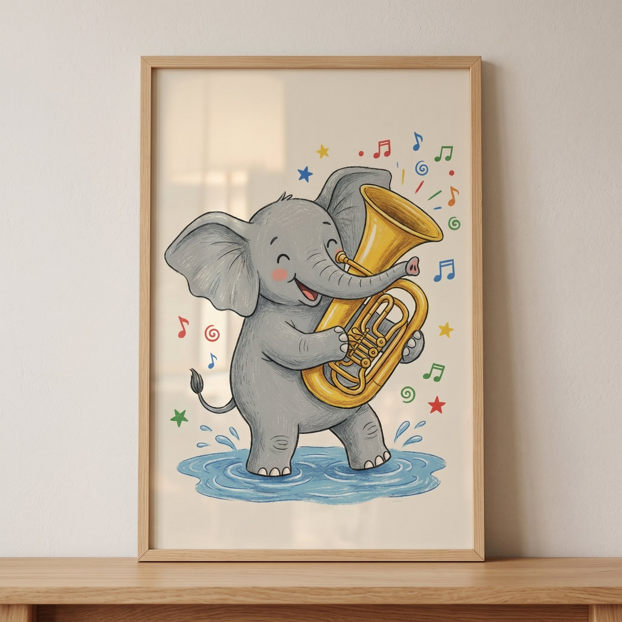 Yellow Tuba Playing Elephant Artwork - Elephant's Musical Puddle