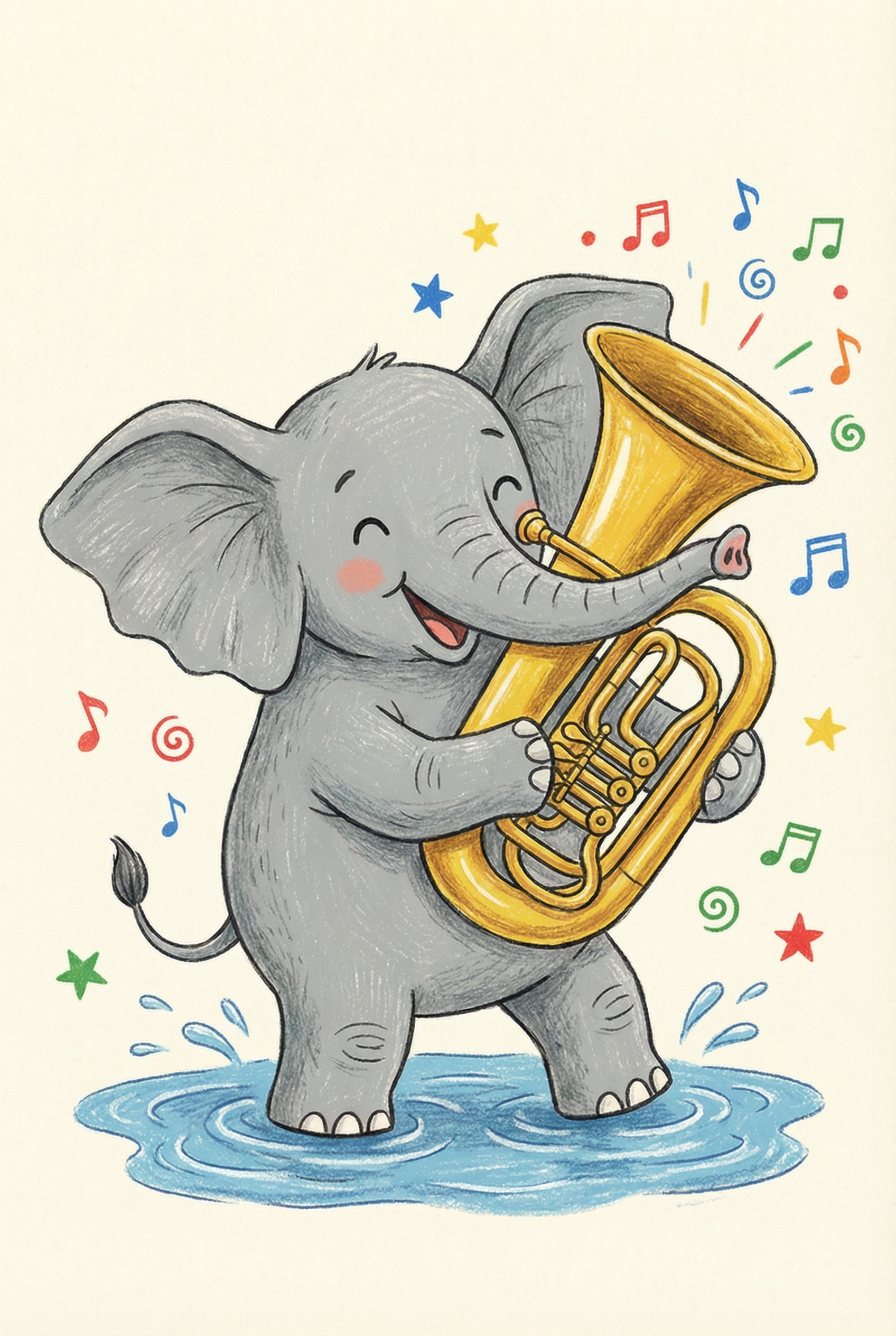 Yellow Tuba Playing Elephant Artwork - Elephant's Musical Puddle