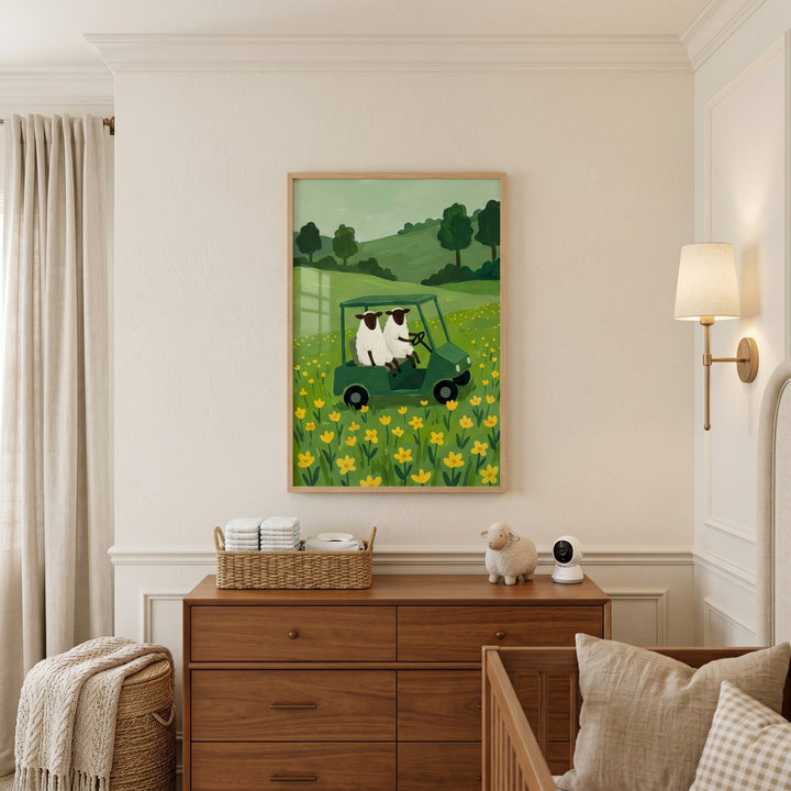 Nursery featuring yellow wildflower driving sheep wall art above a wooden dresser near a crib and a wall sconce.