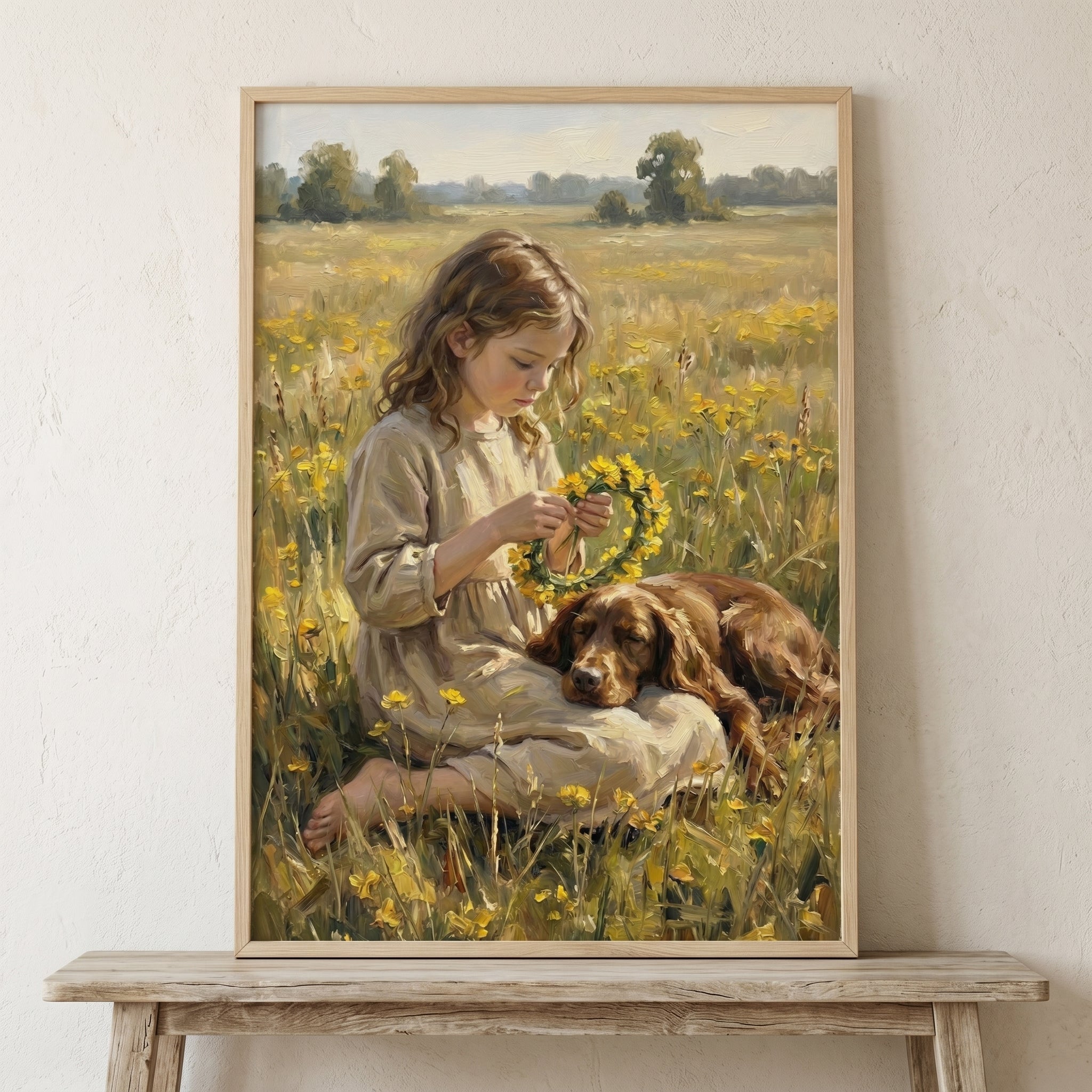 Yellow Wildflower Meadow Girl Wall Art - Golden Meadow Friends