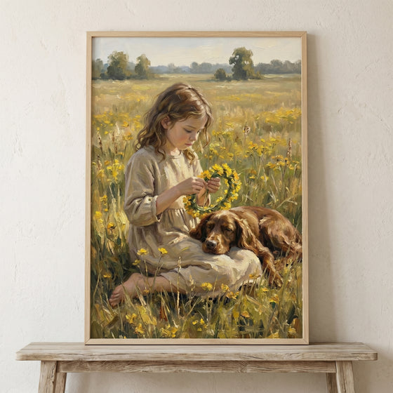 Child weaves a flower crown while a dog sleeps in her lap in this yellow wildflower meadow girl wall art.
