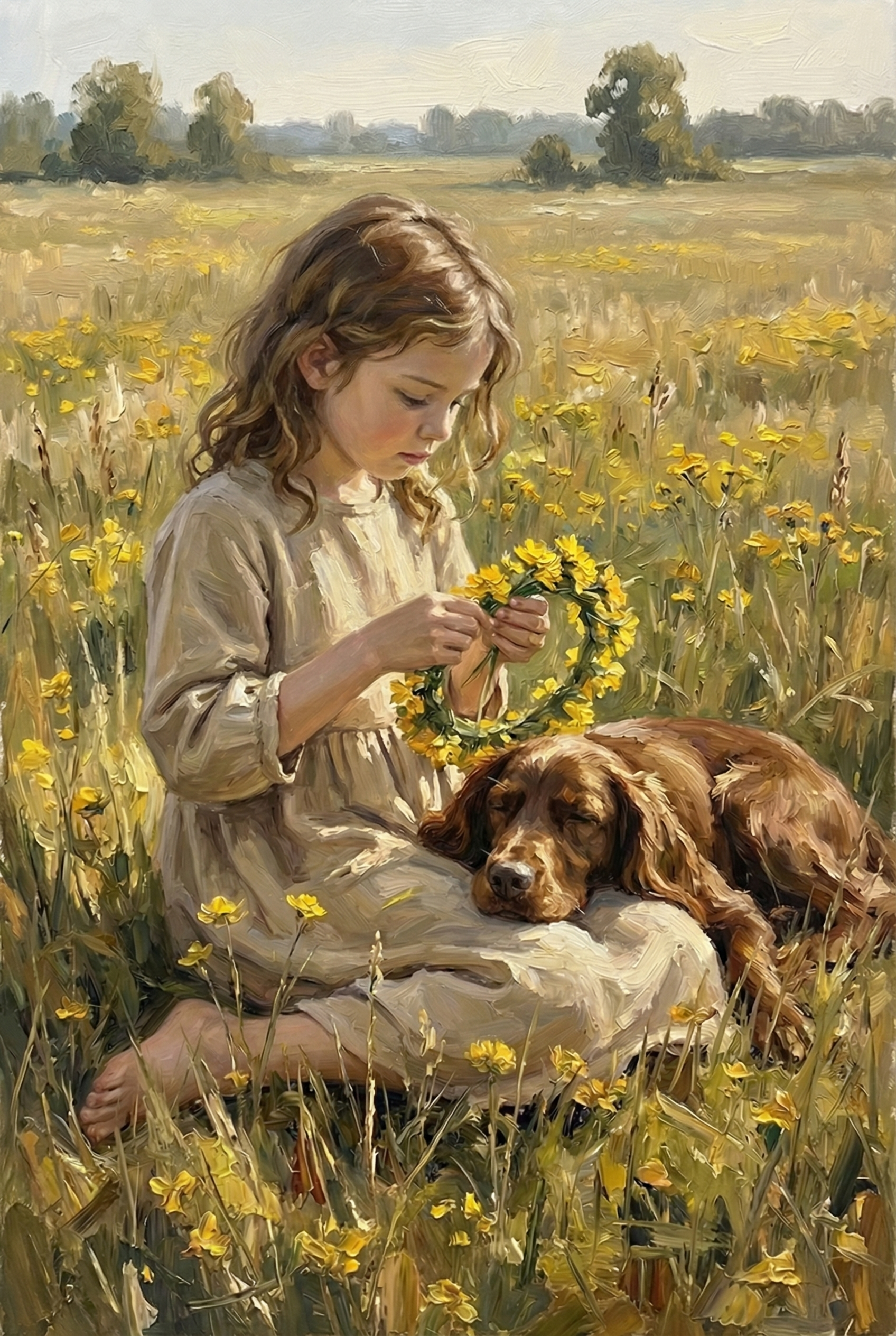 Yellow Wildflower Meadow Girl Wall Art - Golden Meadow Friends