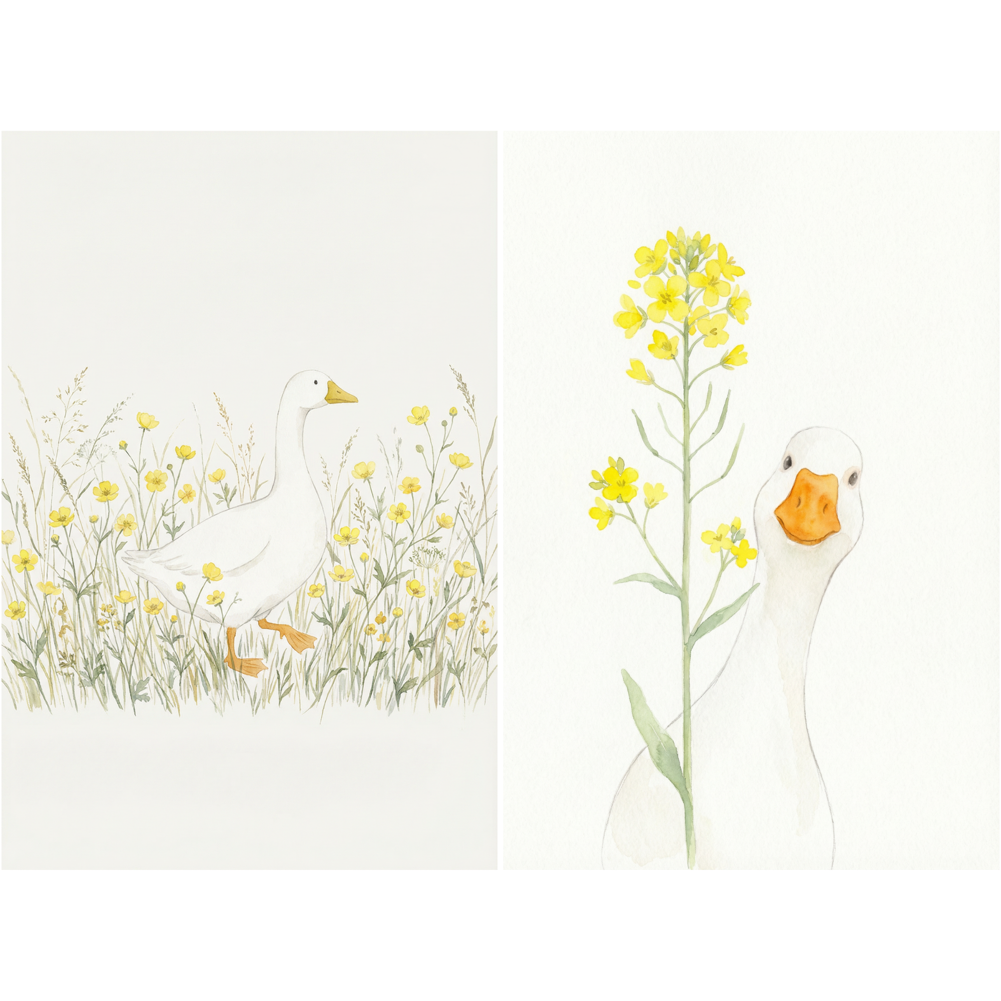 Yellow Wildflower Watercolor Goose Wall Art Set of 2 - Curious Meadow Bird