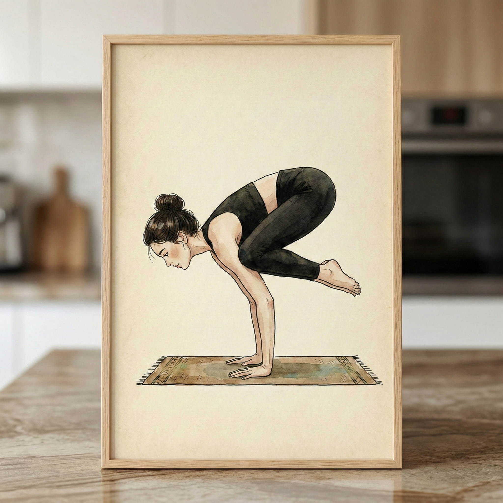 A vertical wooden frame contains a minimalist illustration of a woman in a crow yoga pose. She balances her weight on her hands with knees tucked against her upper arms. She has dark hair in a bun and wears black leggings and a top. The background is a solid cream color, and she is on a small, patterned rug. The framed art sits on a stone countertop in a blurred kitchen.