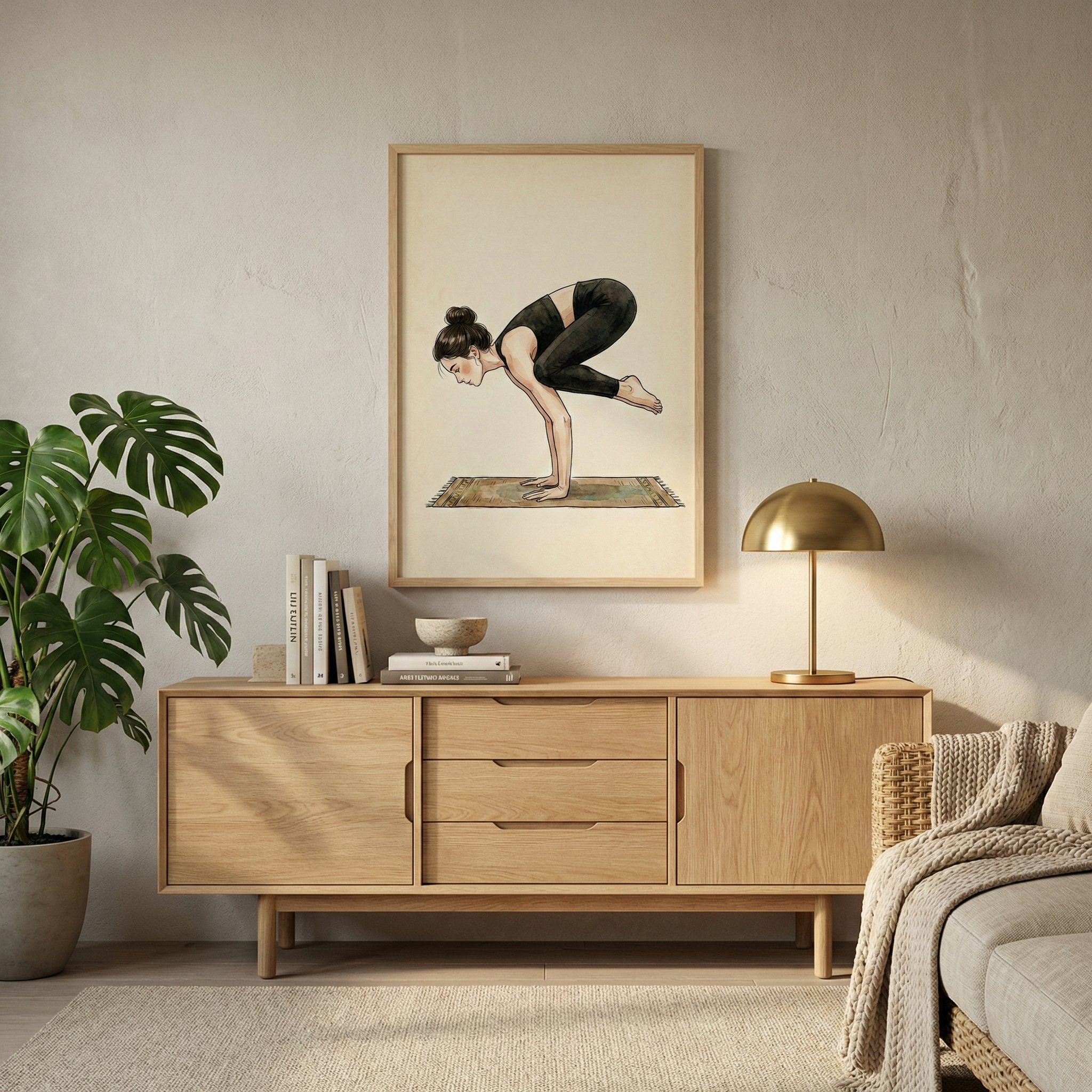 A minimalist interior features a framed illustration of a woman in a yoga arm-balancing pose hanging on a textured, light-colored wall. Below the artwork is a long, light-wood sideboard with three central drawers and two side cabinets. On the left of the sideboard is a stack of books with a small bowl, and on the right is a gold, dome-shaped desk lamp. To the left, a large potted Monstera plant adds greenery, while a portion of a sofa with a woven throw is visible on the right.