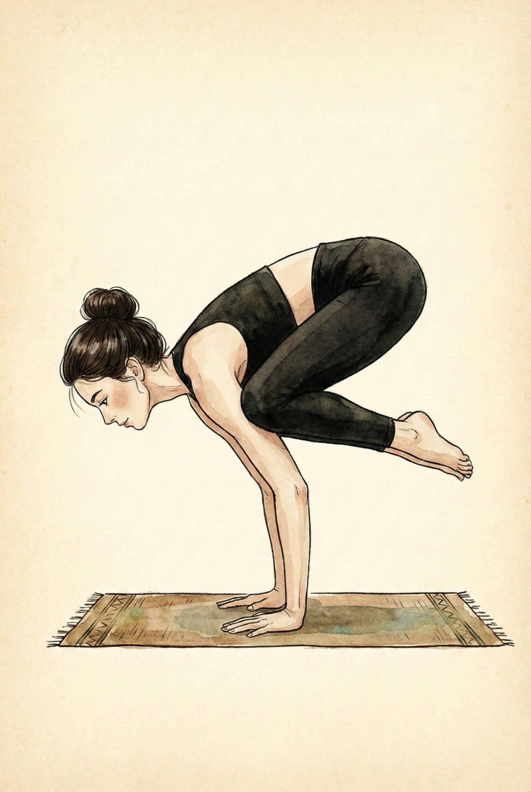 Drawing of a woman balancing in crow pose with both knees resting on her arms, focused and steady on a patterned yoga mat.

