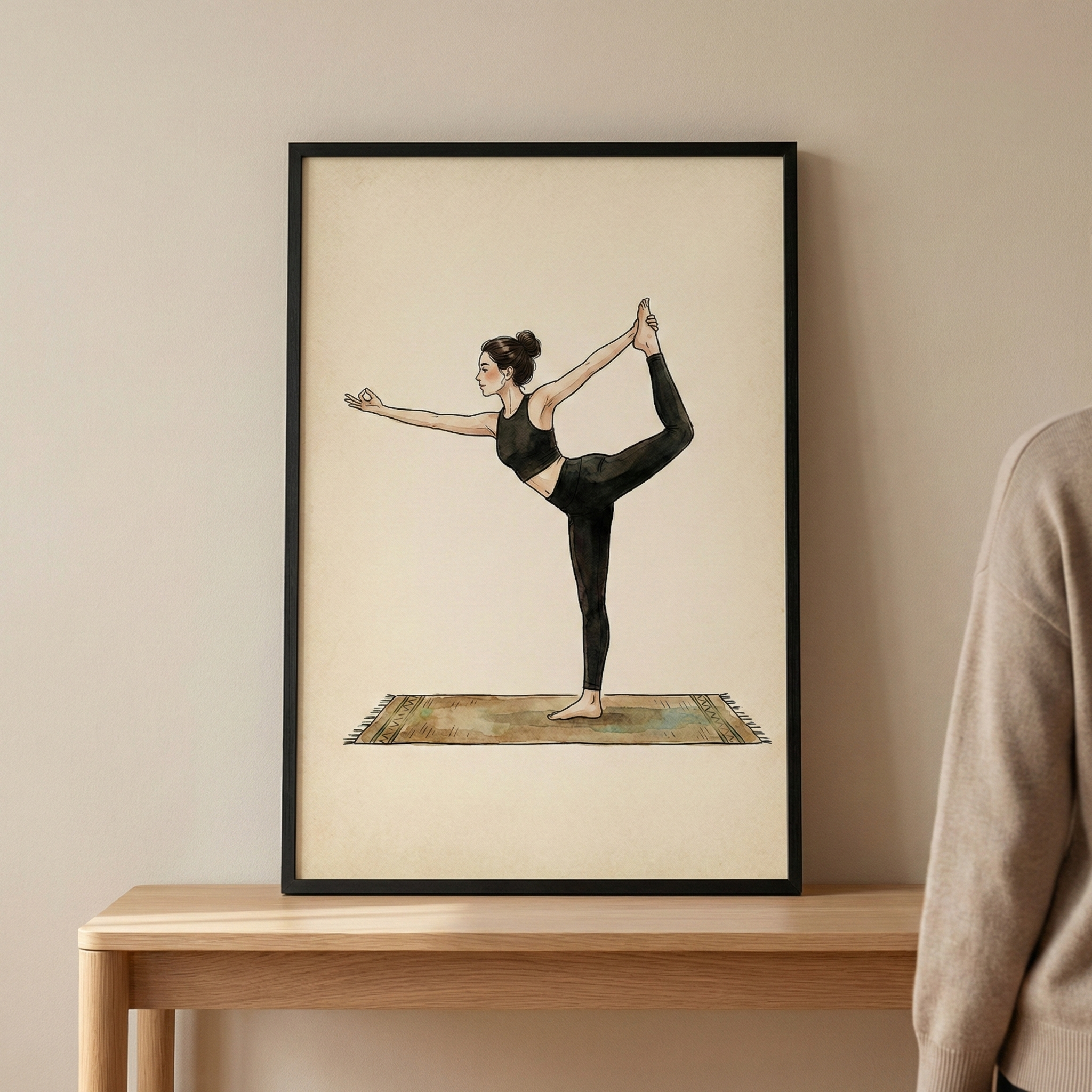 A framed vertical illustration depicts a woman performing a balancing yoga pose. She stands on one leg on a patterned mat, holding her other foot behind her while extending one arm forward. The artwork is created with fine lines and soft watercolor-like tones against a cream background. It is housed in a thin black frame resting on a wooden table against a neutral wall. A person's arm in a beige sweater is partially visible on the right side of the frame.