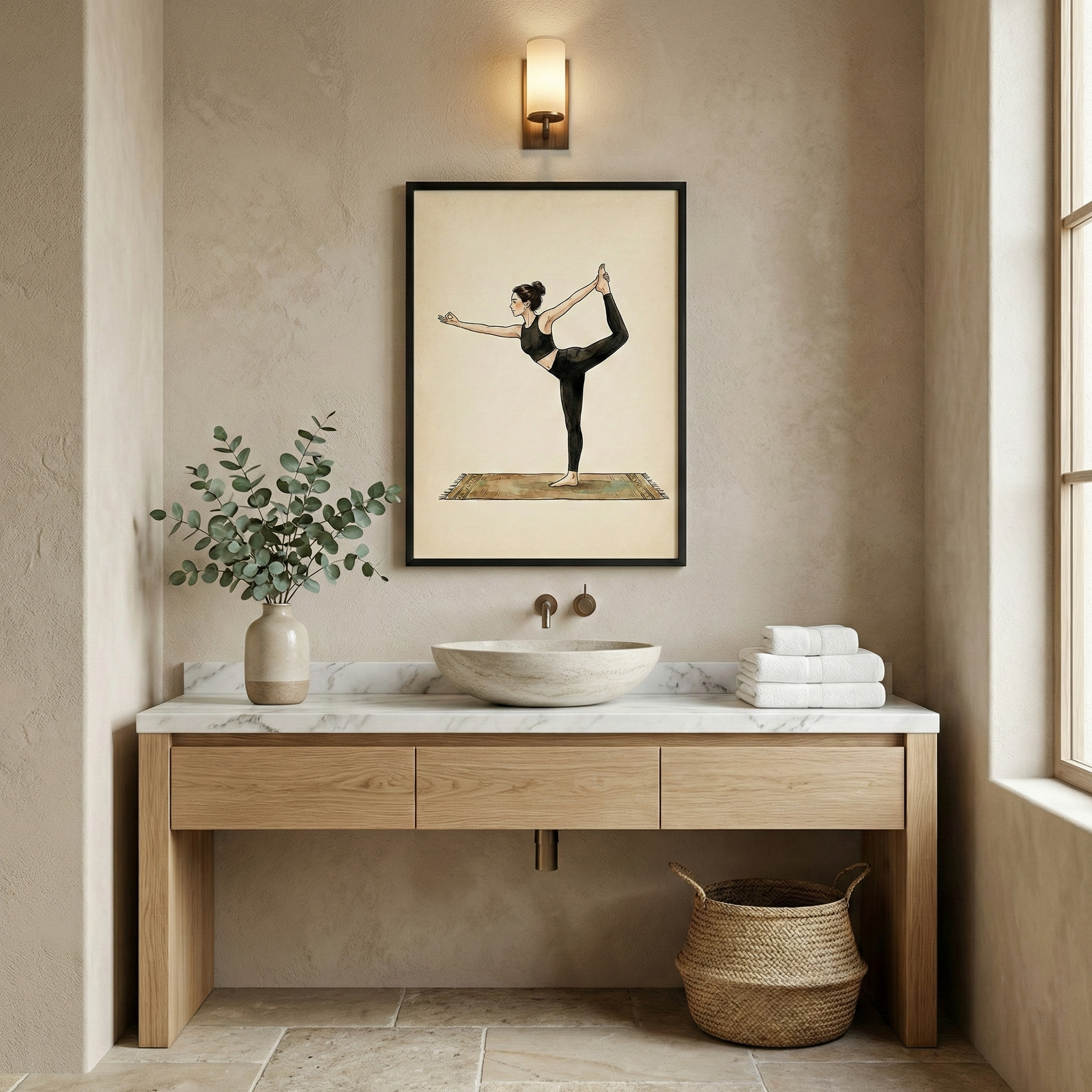 A serene, minimalist bathroom featuring a light wood vanity with a white marble countertop and a stone vessel sink. A stack of white towels sits on the counter next to the sink, and a small vase with green eucalyptus branches is on the other side. Centered above the sink is a framed piece of art showing a woman in a yoga pose against a light beige background. A warm, glowing sconce is mounted on the wall above the frame. 