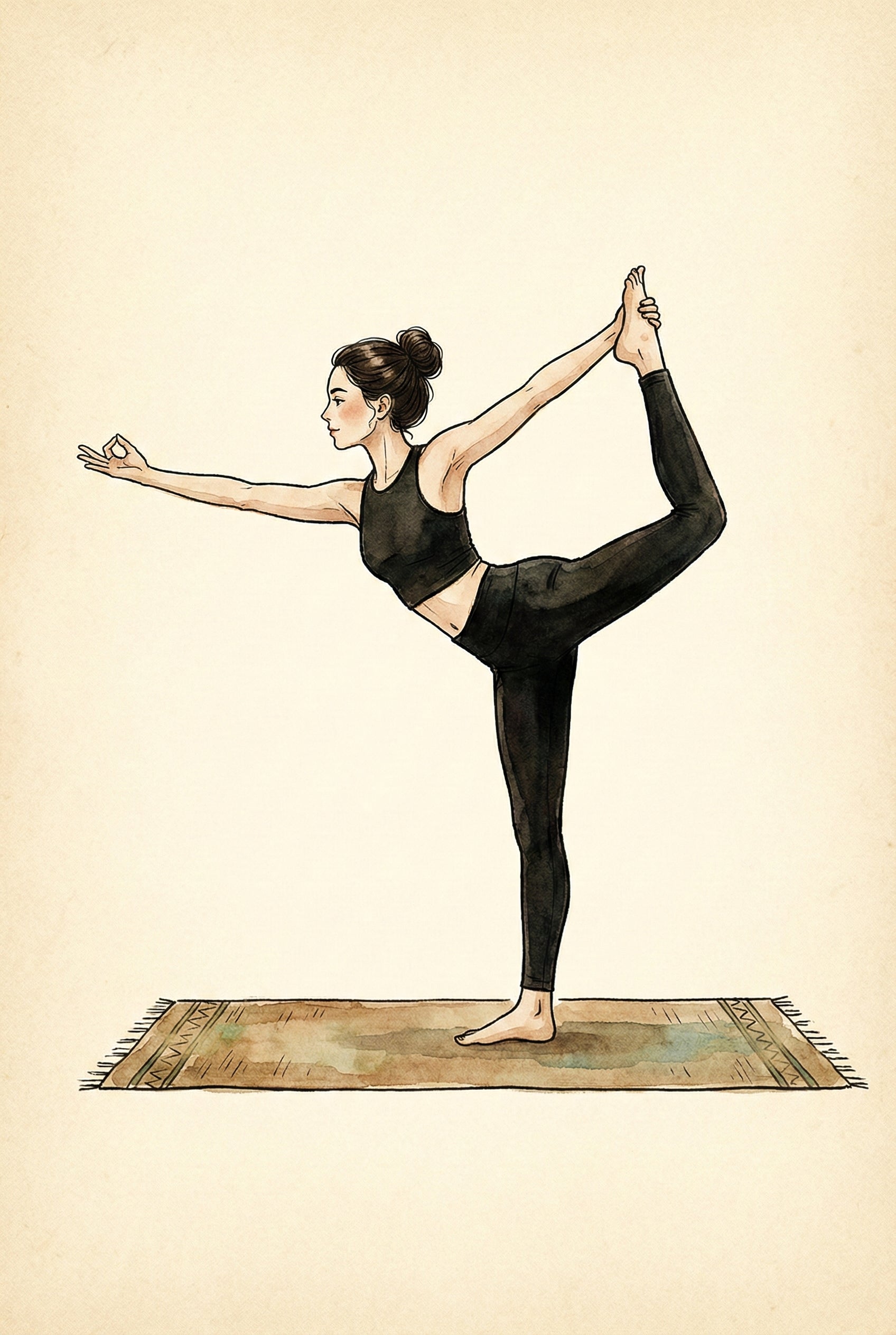 Artistic illustration of a woman in dancer pose, balancing on one foot while holding her opposite ankle behind her and extending her other arm forward in graceful focus.