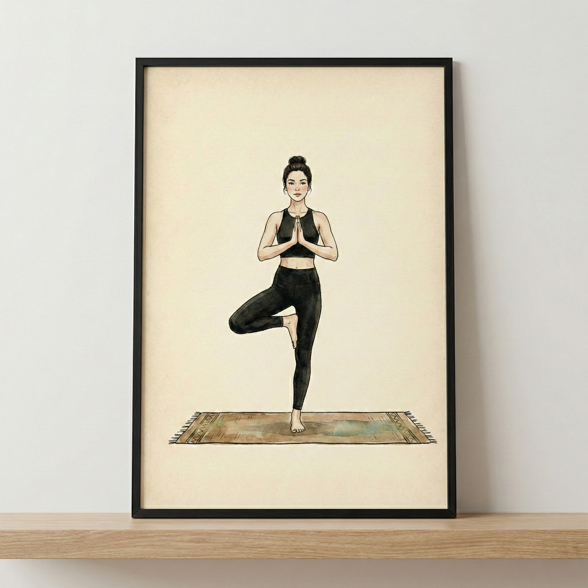 A vertical framed illustration on a wooden shelf features a woman practicing the yoga tree pose. She is centered in the composition, standing on one leg with her other foot pressed against her inner thigh and her hands held in a prayer position at her chest. She wears a black athletic top and leggings, and her dark hair is pulled into a bun. The artwork has a minimalist, hand-drawn style with a subtle watercolor texture on a light cream-colored background. 