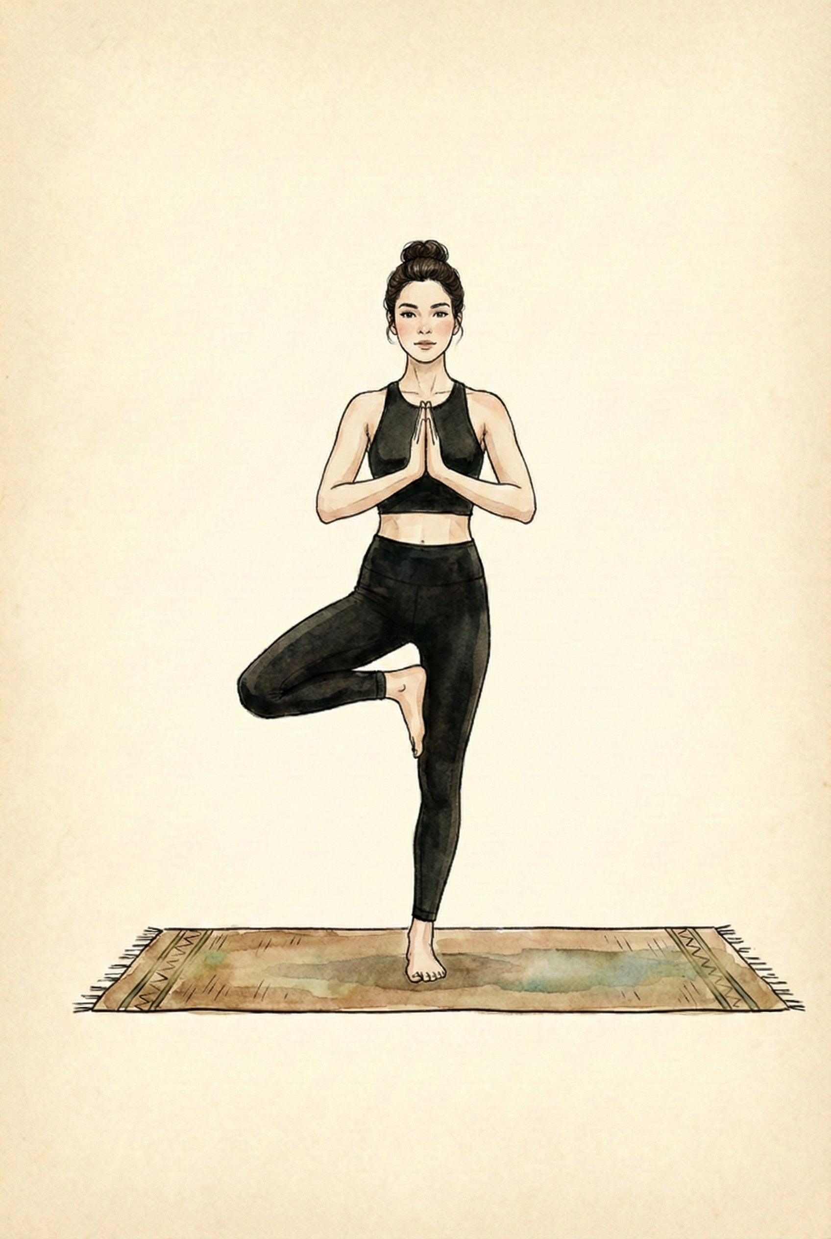 Drawing of a woman standing in tree pose, one foot placed on the opposite inner thigh and palms pressed together at her chest in a centered, grounded posture.

