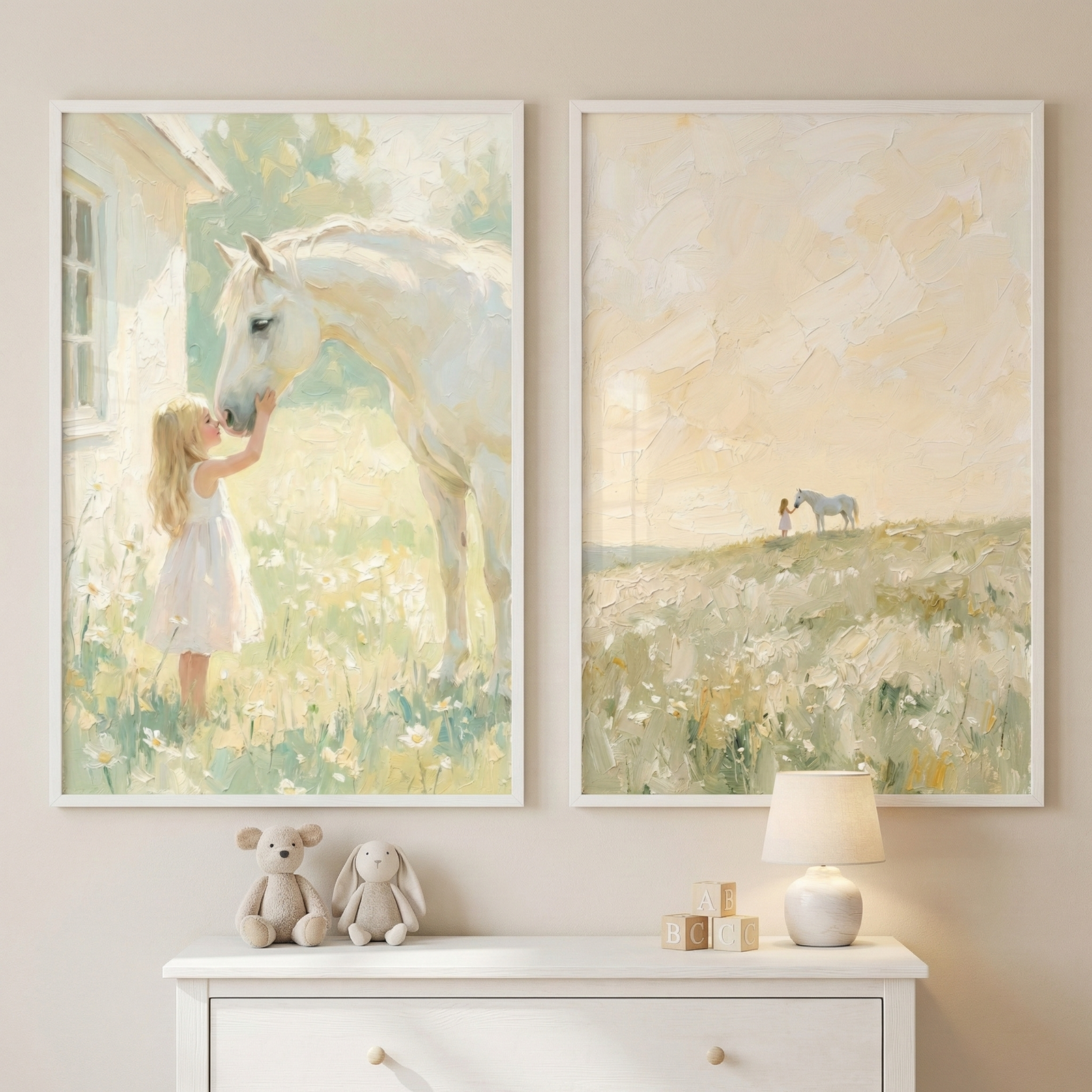 A pair of vertically oriented, light-wood framed artworks is displayed side-by-side on a cream-colored wall, positioned just above a matching light-wood dresser. A person's hand is visible on the left side, steadying the first frame. The artwork on the left depicts a serene, close-up scene of a young girl with long blonde hair, dressed in a soft white sundress. She stands in a sun-drenched field filled with white wildflowers, next to the corner of a white building. 