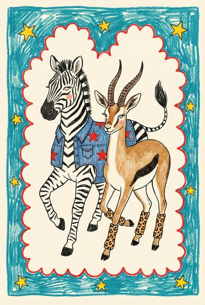 Whimsical drawing of a zebra and antelope standing side by side, both blushing and wearing a shared denim vest with red stars. The antelope sports leopard print leg warmers, while a bold starry border in red, yellow, and blue frames the playful design.
