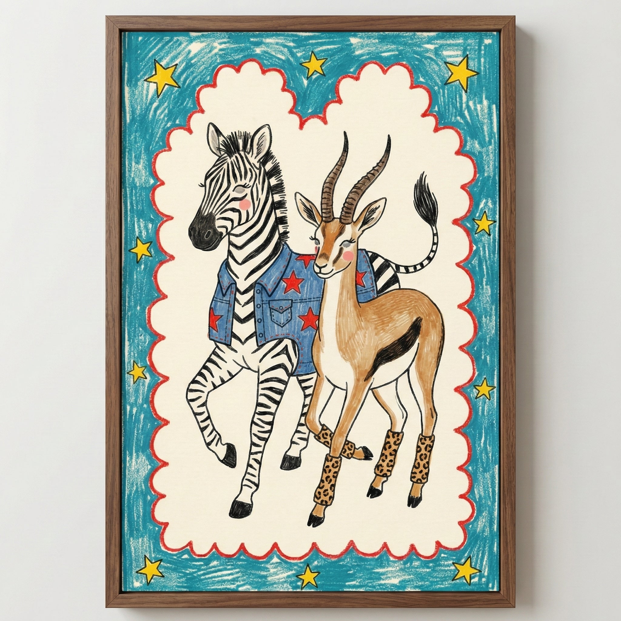 Whimsical illustration of a zebra and antelope standing side by side, both wearing animal print leg warmers and a shared denim vest with red stars, set against a playful blue and red star-studded border.