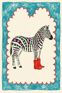 Crayon-style drawing of a zebra with green and purple stars decorating its black stripes, wearing bright red cowboy boots. The whimsical art is framed with a hand-drawn red scalloped border and a blue scribbled frame on a cream background.