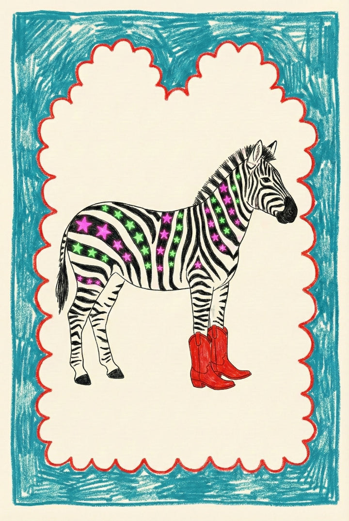 Crayon-style drawing of a zebra with green and purple stars decorating its black stripes, wearing bright red cowboy boots. The whimsical art is framed with a hand-drawn red scalloped border and a blue scribbled frame on a cream background.