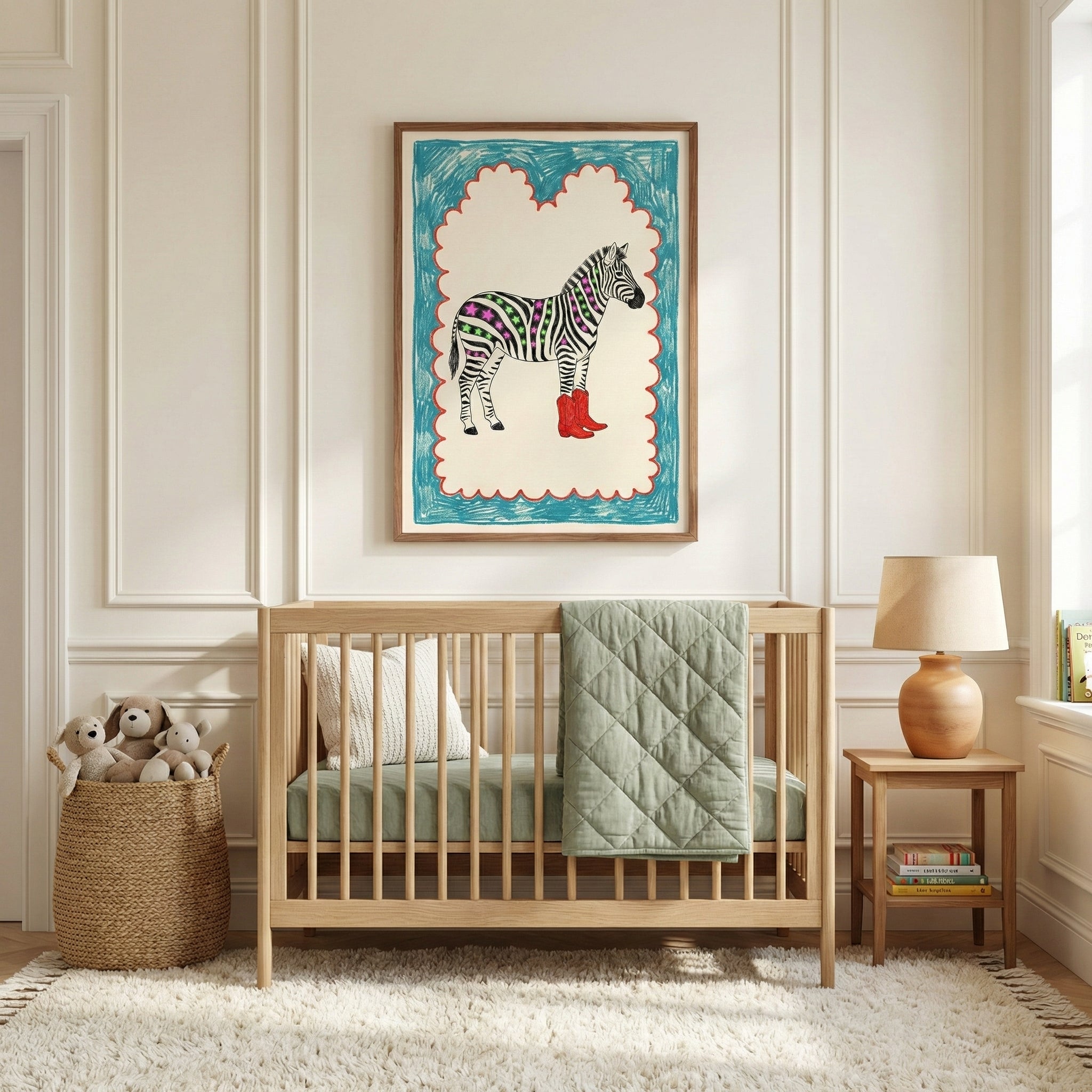 Framed zebra art featuring red cowboy boots and colorful striped stars hangs above a light wood crib in a softly lit nursery. The cozy room includes a sage green quilt, woven basket of stuffed animals, and a wooden side table with a lamp and books.