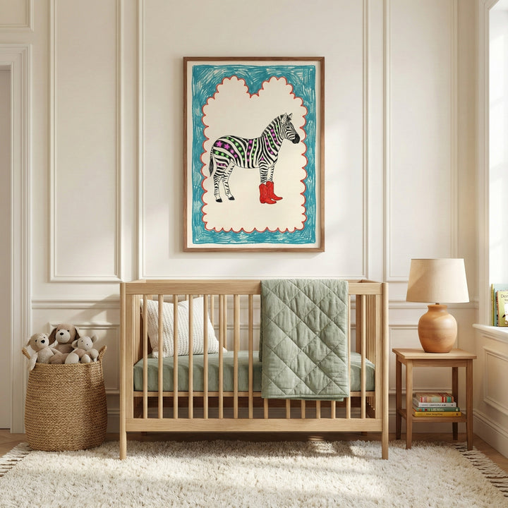 Framed zebra art featuring red cowboy boots and colorful striped stars hangs above a light wood crib in a softly lit nursery. The cozy room includes a sage green quilt, woven basket of stuffed animals, and a wooden side table with a lamp and books.