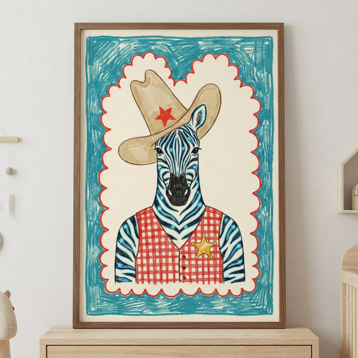 A framed illustration of a zebra dressed in a cowboy hat and a red checkered sheriff's vest is displayed in a bright nursery setting. The room includes a light wood crib with a blue blanket, a plush teddy bear on a jute rug, and a small stool with stacked books.