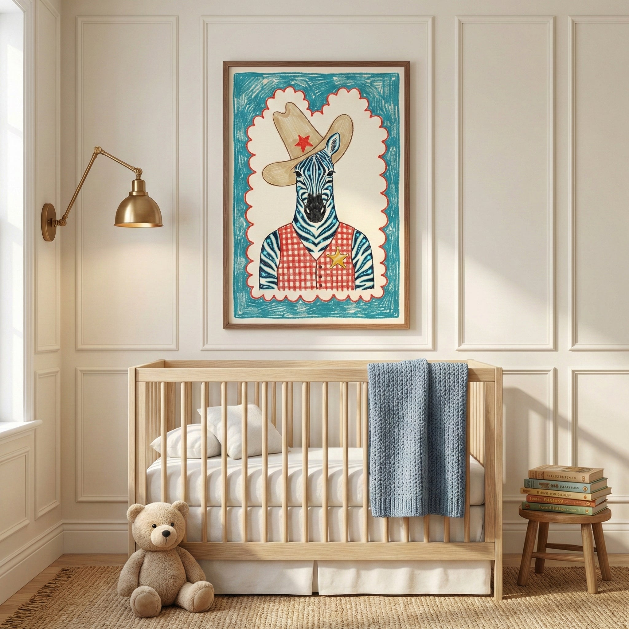 A whimsical framed illustration of a zebra wearing a tan cowboy hat with a red star and a red-and-white checkered sheriff's vest is displayed in a bright nursery. The room features a natural wood crib with a blue knit blanket, a soft jute rug, and a plush teddy bear sitting on the floor.