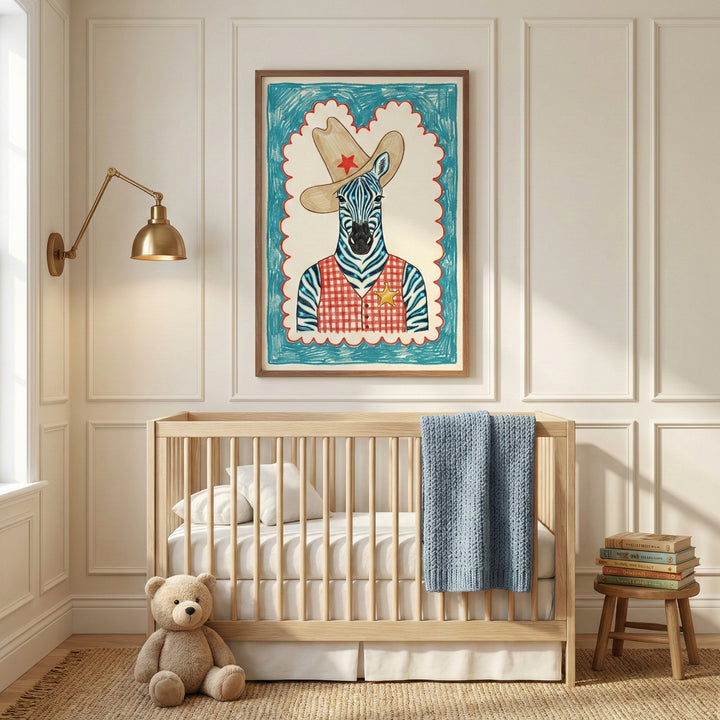 A whimsical framed illustration of a zebra wearing a tan cowboy hat with a red star and a red-and-white checkered sheriff's vest is displayed in a bright nursery. The room features a natural wood crib with a blue knit blanket, a soft jute rug, and a plush teddy bear sitting on the floor.