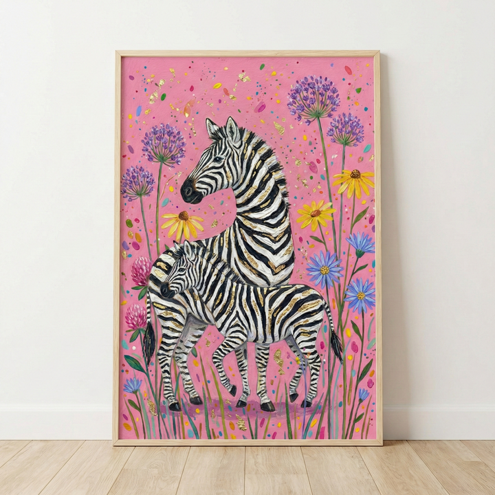 A vertical framed illustration features a mother zebra and her foal standing closely together. Both animals have black and white stripes accented with shimmering metallic gold details. They are surrounded by vibrant wildflowers, including tall purple globe-shaped clusters, yellow daisies, and delicate blue and pink blossoms. The background is a solid bright pink, filled with scattered colorful confetti-like flecks in gold, yellow, and blue. 